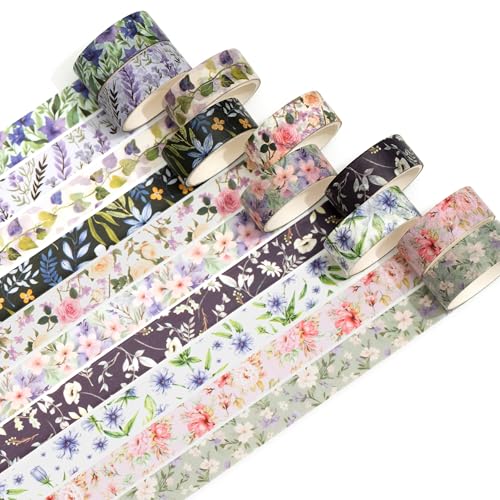 10 Rolls Blooming Flowers Washi Tape Set Floral Arts Adhesive Tapes Colorful Garden Decorative Masking Tape Sets for Craft (10 Count)