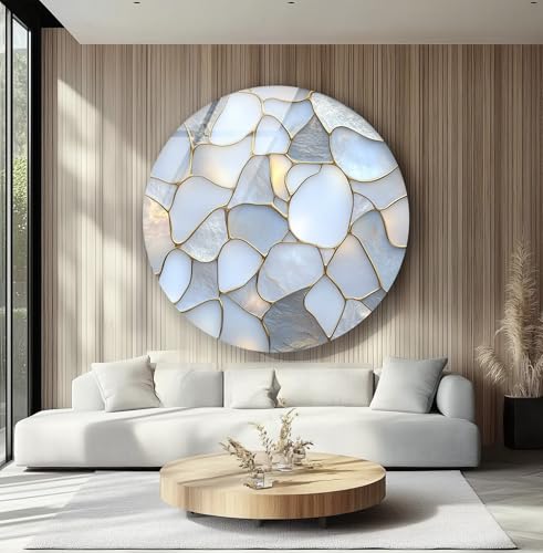 31.5''(80cm) Diameter White Stone Mosaic Round Glass Wall Art Tempered Glass Printing Wall Decor Large Wall Art Wall Hangings