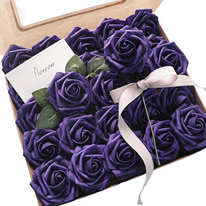 Artificial Flowers 50pcs Real Looking Dark Purple Foam Fake Roses with Stems for DIY Wedding Bouquets Bridal Shower Centerpieces Floral Arrangements Party Tables Home Decorations (50 Count)