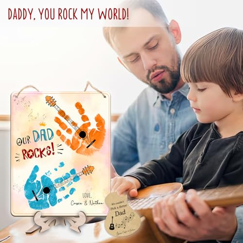 DIY Our Dad Rocks Guitar Craft Plaque Baby Handprint Gifts for Dad Papa Musician Guitar Player