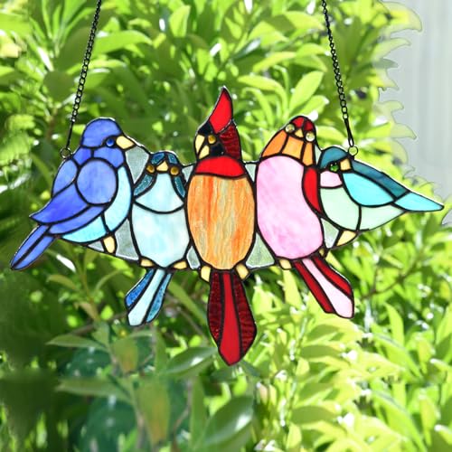 PA0011 Tropical Birds on The Wire Stained Glass Window Panel Tiffany Style Hangings Suncacher with Chain