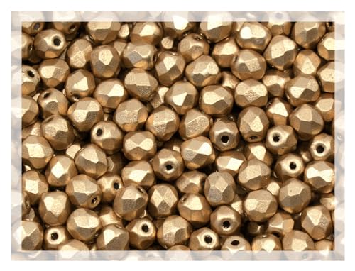 1.8 oz (50g, Approx. 600pcs) Faceted Fire Polished Pressed Czech Glass Beads 4mm (0.16in), Aztec Pale Gold - 01710 (600 Count)