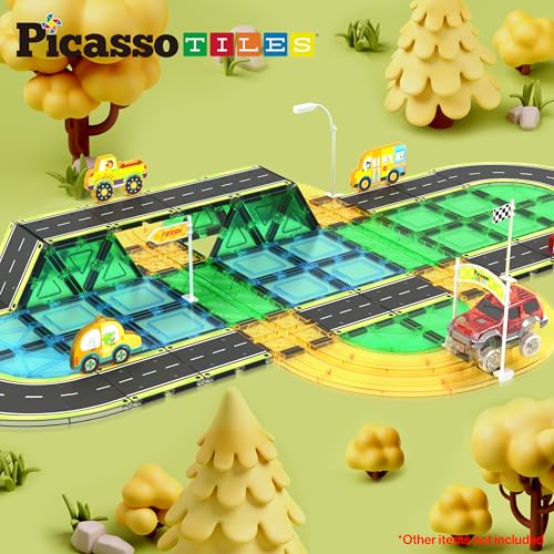 Magnetic Building Tiles Car Track Magnet Vehicle Adventure Theme Printed Street Road Runway Speedway Highway Block Construction Expansion Add (16 Count)
