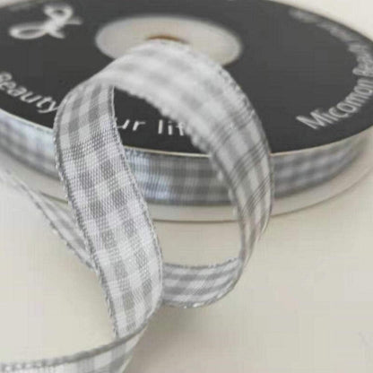 Gray Gingham Plaid Checked Ribbon 25 Yards Each Roll 100% Polyester (3/8",Gray) - Crafty Corner