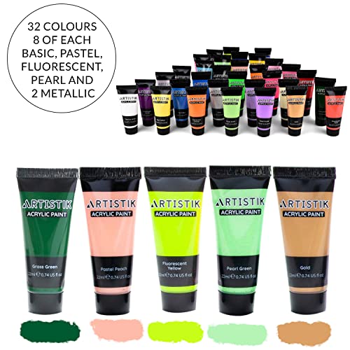 32 Color Acrylic Paint Set with 3 Brushes (23.68 Fl Oz)