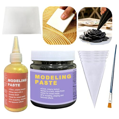 Black & Golden Acrylic Modeling Paste & 5pcs Piping Bags Bags & Squeegee with Teeth (13.53 Ounce)