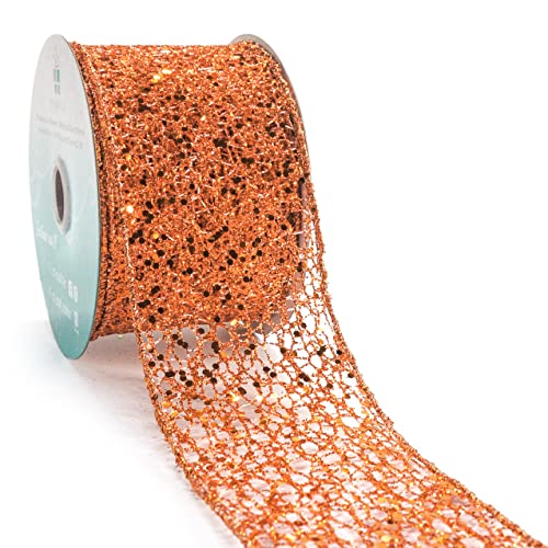 Sparkling Glitter Mesh Wired Ribbon 2.5" x 10 Yards Bronze Orange for Christmas Home Decor Bow Gift Wrapping DIY Crafts Wreath (30 Foot)