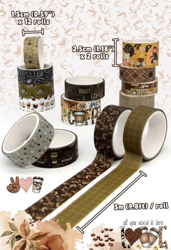 Coffee Themed Washi Tape Set (14 Count)