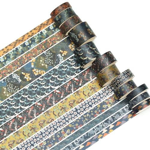 12 Rolls Kyoto Charm Washi Tape Set Japanese Arts Adhesive Tapes Geometric Garden Decorative Masking Tape Sets for Craft (12 Count)