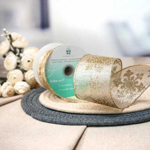 Champagne Gold Metallic Fabric with Gold Snowflake Wired Ribbon 2.5 Inch x 10 Yards for Christmas Home Decor Tree Topper Bow Gift Wrapping DIY Crafts Wreath Garland (30 Foot)