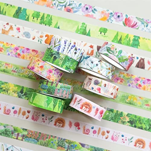 10 Rolls Four Seasons Washi Tape Set Green Grass Flowers Masking Decorative Tapes (10 Count)