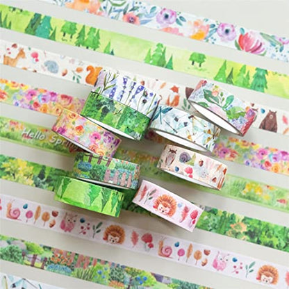 10 Rolls Four Seasons Washi Tape Set Green Grass Flowers Masking Decorative Tapes (10 Count)