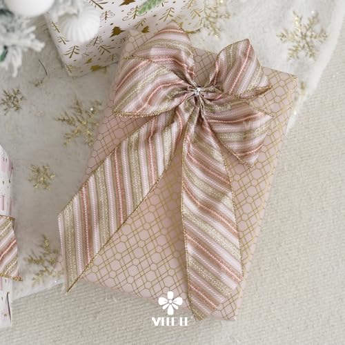 Pink Diagonal Striped Ribbon 2.5 Inch Blue Satin with Rose Gold and Champagne Glitter Wired Ribbon for Christmas Tree (30 Foot)