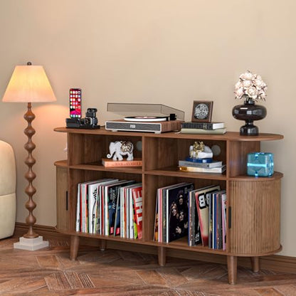 Large Round Record Player Stand with Charging Station & USB Ports