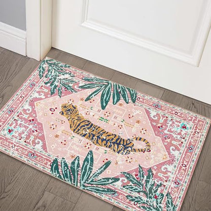 Hippie Rugs 2x3 Faux Wool Tropical Pink Boho Throw Rugs for Bathroom Kitchen Small Indoor Entryway Rug Modern Vintage Distressed Indian Accent Floor Mat Non