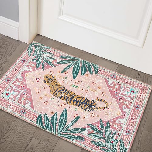 Hippie Rugs 2x3 Faux Wool Tropical Pink Boho Throw Rugs for Bathroom Kitchen Small Indoor Entryway Rug Modern Vintage Distressed Indian Accent Floor Mat Non