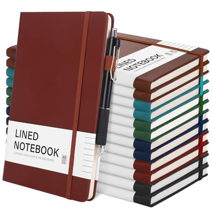 12 Set Lined Notebook Journals with Pens A5 Notebooks 100 GSM College Ruled Hardcover Notebook PU Leather Notepad with Pen Holder for Office School (12 Count)