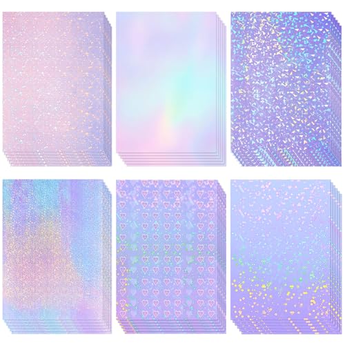 36 Sheets Holographic Sticker Paper A4 Vinyl Holographic Laminate Sheets Self Adhesive Waterproof Transparent Film (36 Count)