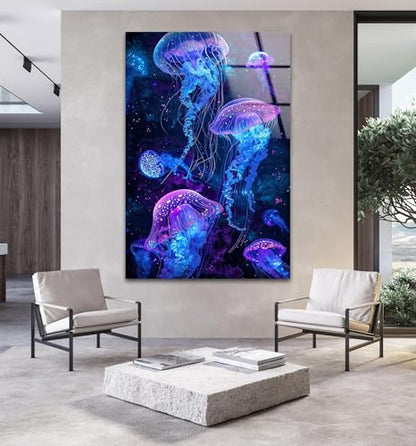 Round 24'' Glowing Jellyfish Glass Wall Art Tempered Glass Printing Wall Decor Large Wall Art Wall Hangings
