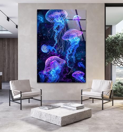 32Wx48H'' Glowing Jellyfish Glass Wall Art Tempered Glass Printing Wall Decor Large Wall Art Wall Hangings