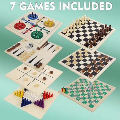 7-in-1 Wooden Board Game Set for Kids Adults, Tabletop Combo Classic Travel Portable Board Games (Chess, Checkers, Chinese Checkers, Backgammon, Parcheesi, Snakes and Ladders, Tic Tac Toe)