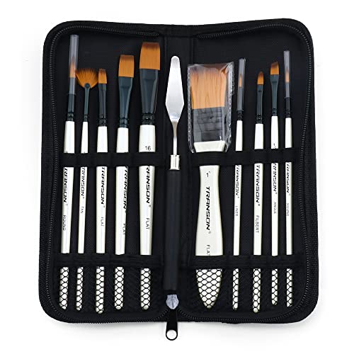 Paint Brush Kit 10pcs Art Brushes and 1 Paint Spatula with Brush Case