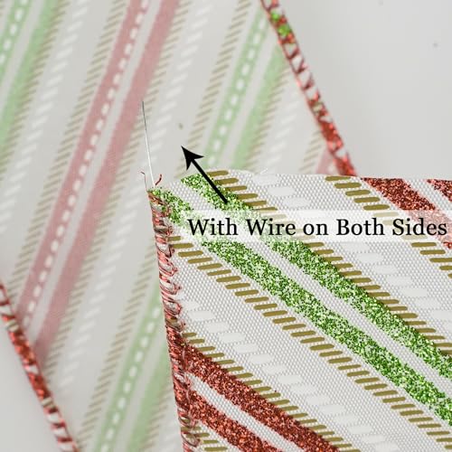 Red and Green Diagonal Striped Ribbon 2.5 Inch White Satin with Lime Green and Red Glitter Wired Ribbon for Christmas Tree (30 Foot)