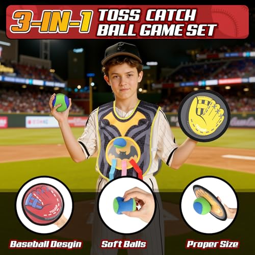 3-in-1 Toss Catch Ball Game Set, Kids Baseball Glove, Beach Games Outdoor Yard Lawn Toys for Kids & Family, Birthday Gifts Toys for 3 4 5 6 7 8-12 Year Old Boys and Girls (6 Count)