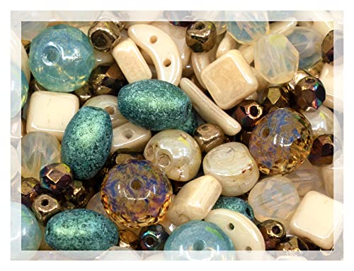 2.1oz (60 g) Mix of Unique Czech Bohemia Glass Pressed Beads, Matte and Glossy, Hand Made, Beige Blue Luster (2.1164 Ounce)