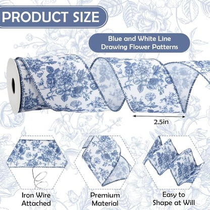 AnyDesign Blue and White Floral Wired Ribbon