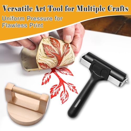 1+1 Pcs Wooden Block Printing Baren with Rubber Brayer Roller