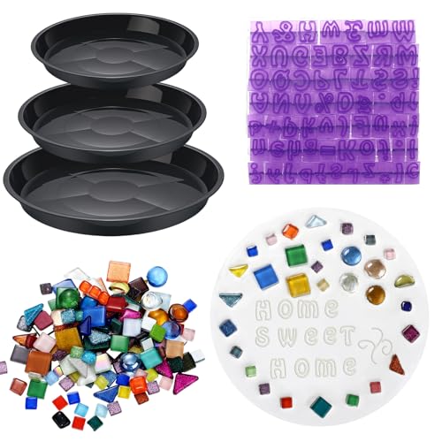 5 Pcs 3 Size Stepping Stone Kit for DIY Outdoor Garden Stepping Stone Includes Cement Molds Mosaic Tiles and Concrete Letter Stamps No Concrete Mix (5 Count)