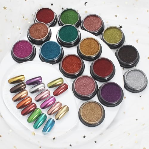16 Jars Chrome Nail Pearl Powder Silver and Gold Mirror Iridescent Aurora Metallic Nail Pigment Pearlescent Mermaid Pigment Pearl Dust Kit (16 Count)