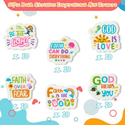 Christian Inspirational Mini Erasers Back to School 60Pcs Inspirational Faith Over Fear Pencil Eraser Colorful God 3D Desk Puzzle Statione Pet for Student Kid Classroom Reward Birthday Supplies (60 Count)