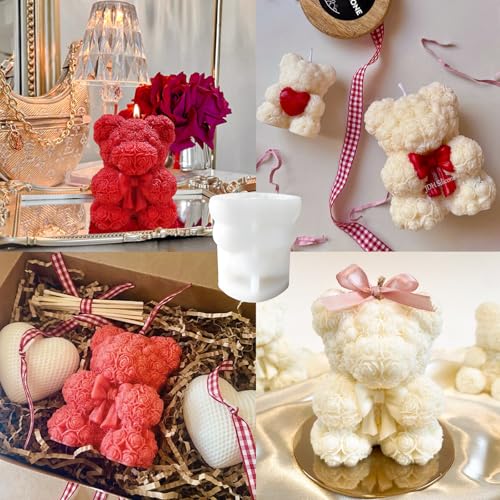 3D Bowtie Rose Teddy Bear Silicone Candle Mold for DIY Soap & Resin Crafts