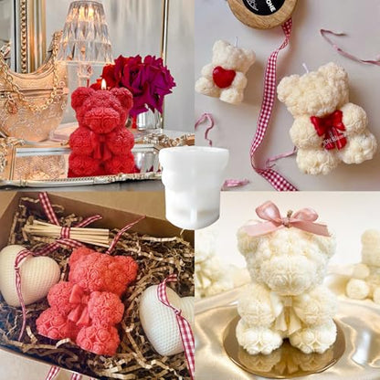 3D Bowtie Rose Teddy Bear Silicone Candle Mold for DIY Soap & Resin Crafts