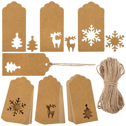 150 Pieces Christmas Paper Gift Tags Brown Kraft Tags Hang Labels Christmas Tree Snowflake Reindeer Design with 30 Meters Jute Twine for Christmas DIY Wrapping Favor Holiday Present (150 Count)