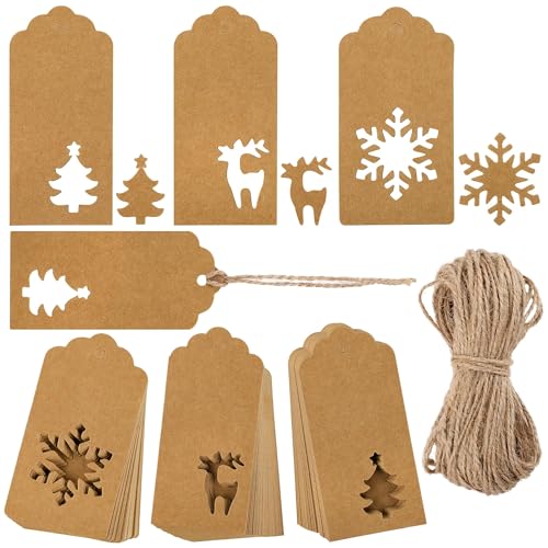 150 Pieces Christmas Paper Gift Tags Brown Kraft Tags Hang Labels Christmas Tree Snowflake Reindeer Design with 30 Meters Jute Twine for Christmas DIY Wrapping Favor Holiday Present (150 Count)