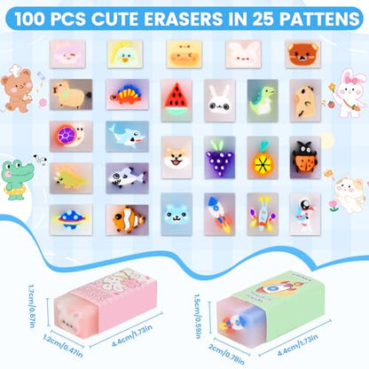 100 Piece Kawaii Cute Animal Pencil Eraser for Kids (100 Count)