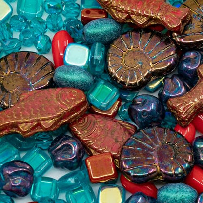 2.1 oz (60 g) Mix of Unique Czech Bohemia Glass Pressed Beads, Matte and Glossy, Hand Made, Coral Red Turquoise New (2.1164 Ounce)
