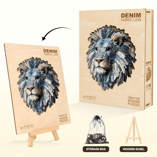 Denim Fabric Lion Puzzles Adults Gifts for Women Men Wooden 255 Pieces 13.4 * 11.6in