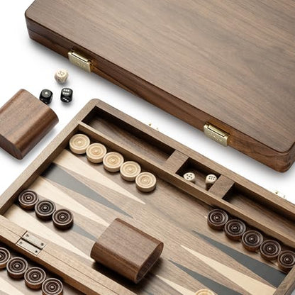 14.5” Premium Natural Walnut Folding Backgammon Sets for Adults and Kids