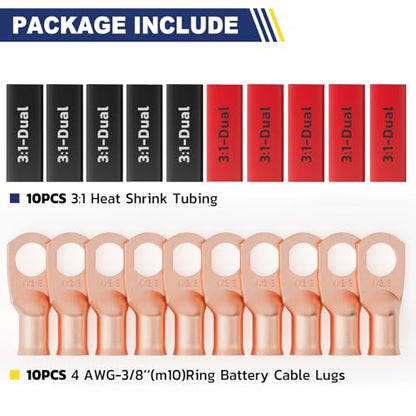 20PCS Battery Cable Lug & Heat Shrink Kit 4 AWG 3