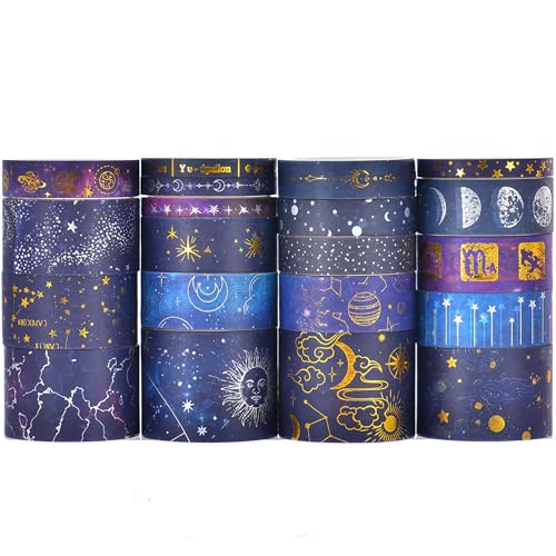 20 Rolls Galaxy Washi Tape Set Stars Arts Adhesive Tapes Gold Silver Foil Decorative Masking Tape Sets for Craft (120 Foot)