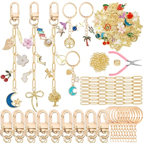 358 PCS Gold DIY Keychain Making Kit Cute Bag Charm Kit 110 Charms 28 Keychain Clips with Key Ring Swivel Snap Hook Lobster Claw Clasps 200 Jump Ring Jewelry Plier DIY Set Women Craft