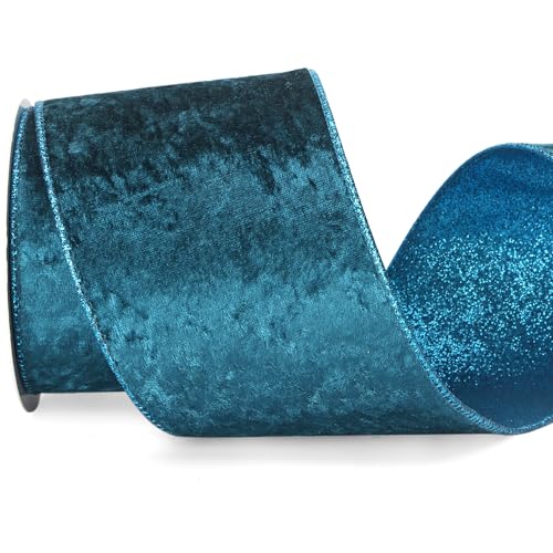 Turquoise Blue Velvet Wired Ribbon 4 Inch Teal Velvet with Turquoise Glitter Christmas Ribbon for Christmas Tree Decoration Big Bow Gift Wrapping Crafts Wreaths Supplies (30 Foot)