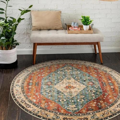 Felice Boho Tribal Round Rugs 5ft Washable Kitchen Round Area Rug