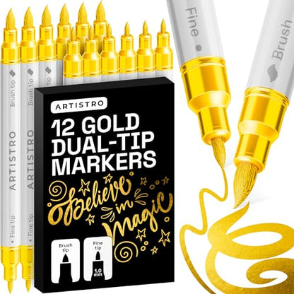 12 Gold Dual Tip Acrylic Paint Marker Pens for Drawing (12 Count)