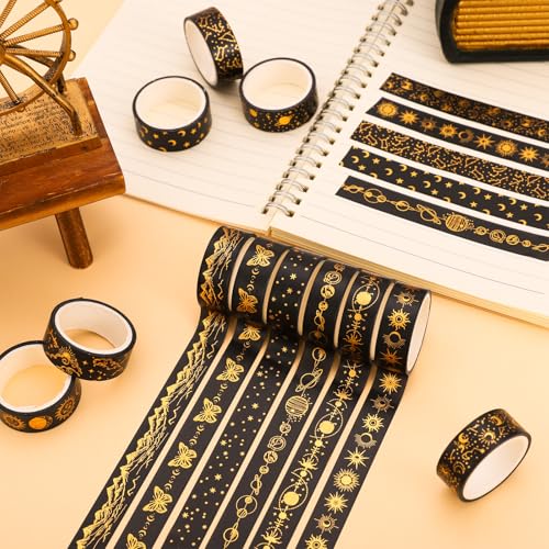 12 Rolls Gold Foil Galaxy Washi Tape Black Gold Sun Moon Star Masking Tape Set Decorative Wrapping Paper Tapes for Scrapbook Journal DIY Art Crafts (12 Count)
