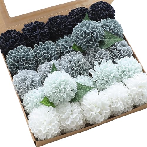 Artificial Dahlia Flowers 25pcs Real Looking Blue Shades Foam Fake Roses with Stems for DIY Wedding Bouquets Bridal Shower Centerpieces Floral Arrangements Party Tables Home Decoration (25 Count)
